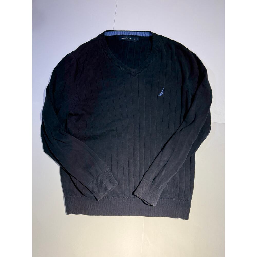 Nautica Men's Navy Blue 100% Cotton Ribbed V-Neck Sweater (Size Medium)